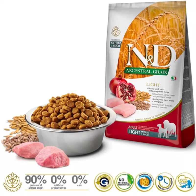 FARMINA N&D ANCESTRAL GRAIN DOG LIGHT - KANA, SPELTA, KAER JA GRANAATÕUN TÄISKASVANUD KESKMISTELE JA SUURTELE KOERTELE 12kg