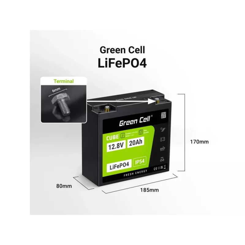 UPS aku roheline Cell GC-LFPGC12V20AH liitiumraudfosfaat 12,8 V 20 Ah, 256 Wh, 185x80x170 mm, 3 kg
