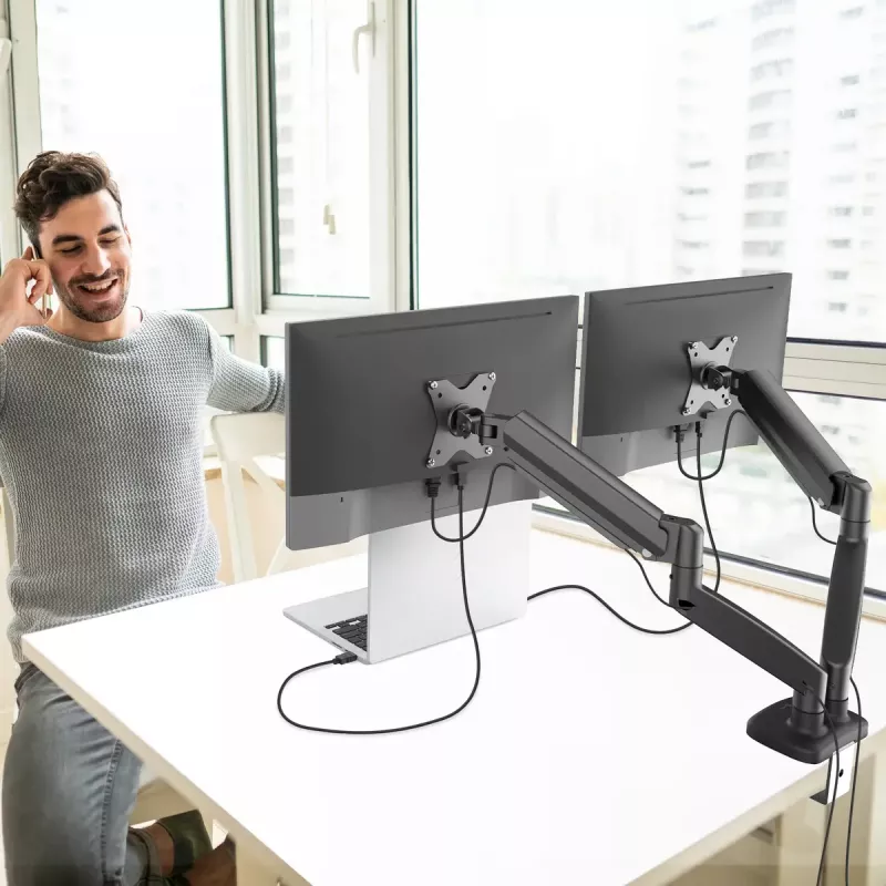 j5create JTSA102 ergonoomiline kahe monitori hoidik, must, klamber/läbiviik, 16 kg