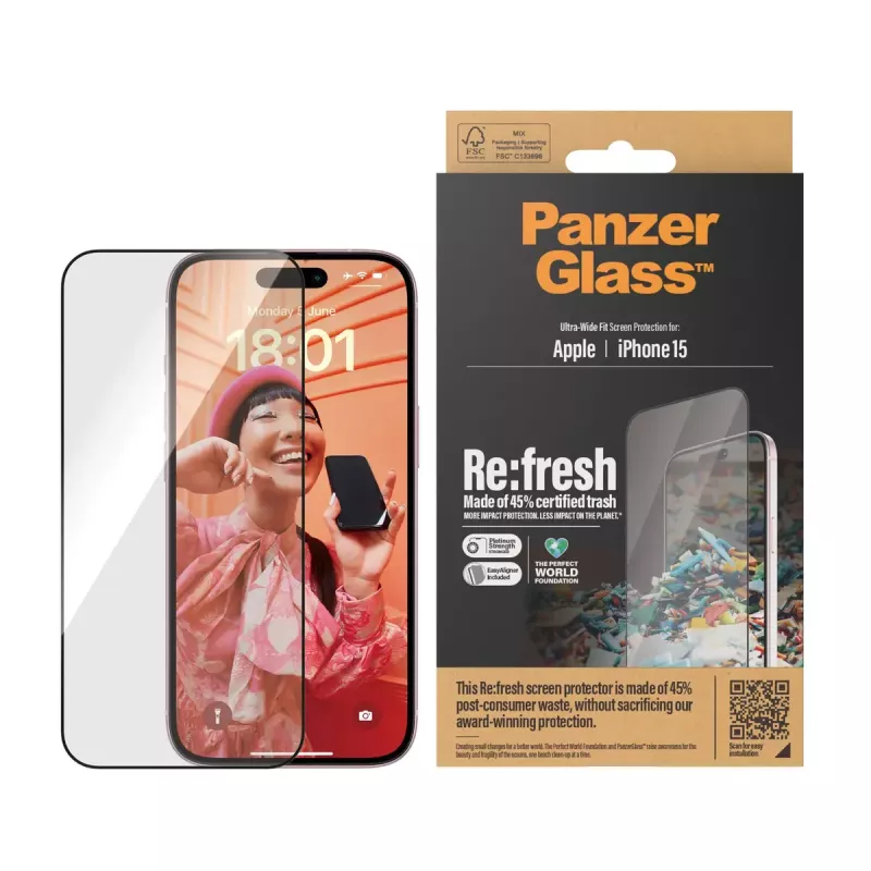 PanzerGlass® Re:fresh ekraanikaitse iPhone 15 ülilai liibuvus EasyAligner põrutuskindel läbipaistev
