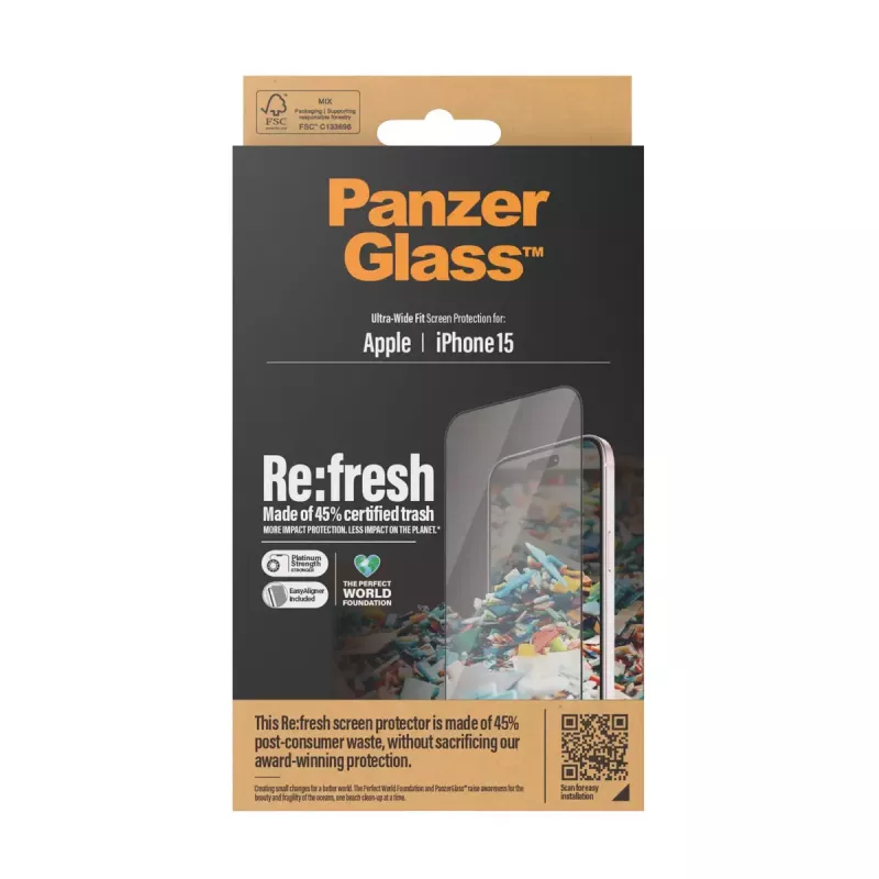 PanzerGlass® Re:fresh ekraanikaitse iPhone 15 ülilai liibuvus EasyAligner põrutuskindel läbipaistev