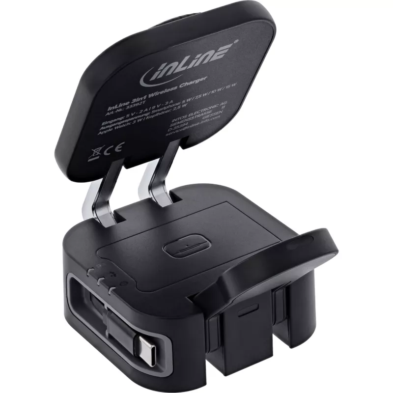 Sisene juhtmevaba laadija InLine 33392T kõrvaklappidele, peakomplektidele, nutitelefonidele ja nutikelladele — USB-toide 9/12 V, must