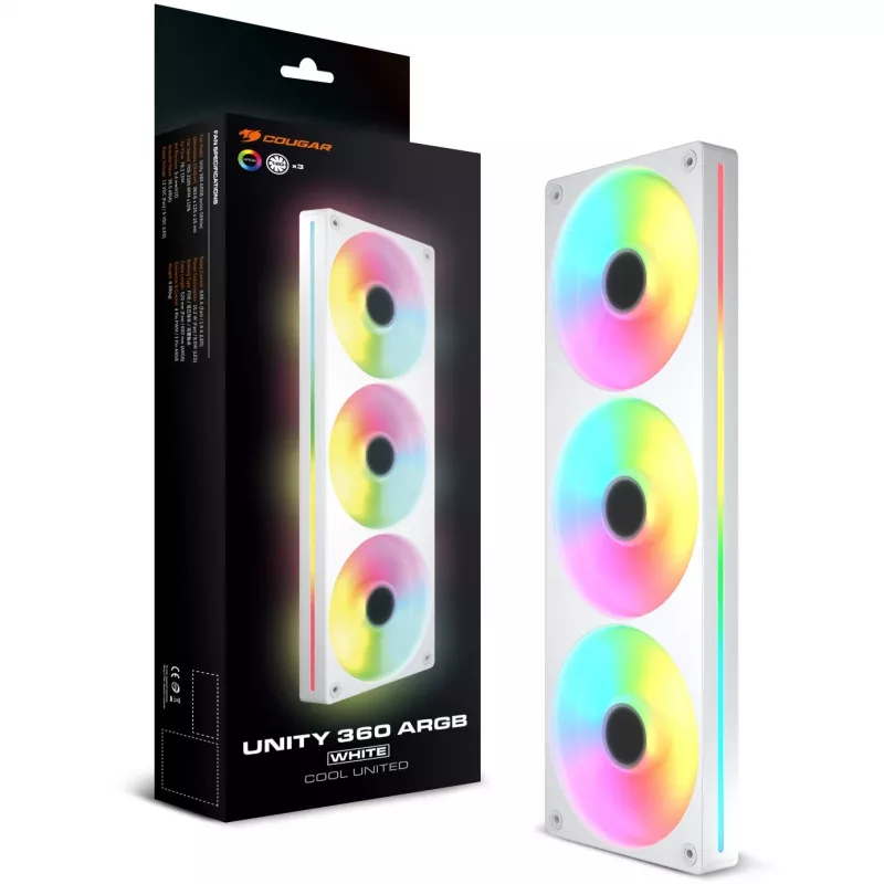 COUGAR Unity360-FB 360 mm ühe raamiga ARGB PWM vastupidise suunaga ventilaator, 120 mm x3, 700–1600 RPM, FDB, valge