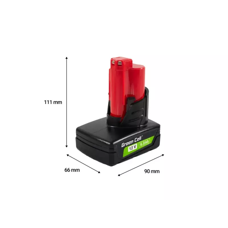 Juhtmeta tööriista aku Green Cell PTML12V6 12V Li-Ion 6 Ah, mõõtmed 6,6×9×11,1 cm