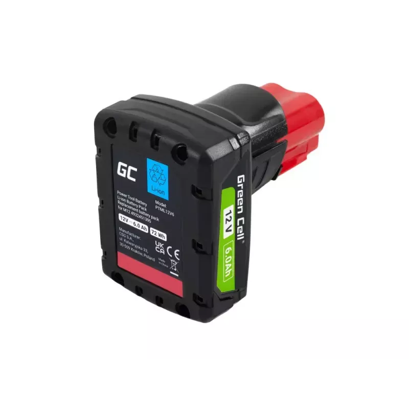 Juhtmeta tööriista aku Green Cell PTML12V6 12V Li-Ion 6 Ah, mõõtmed 6,6×9×11,1 cm