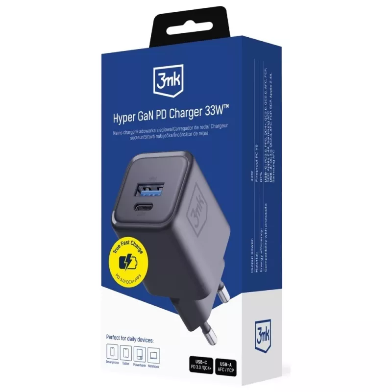 Laadija 3MK Hyper Charger PD 33W GaN QC4+ must — 33W PD kiirlaadija GaN-tehnoloogiaga