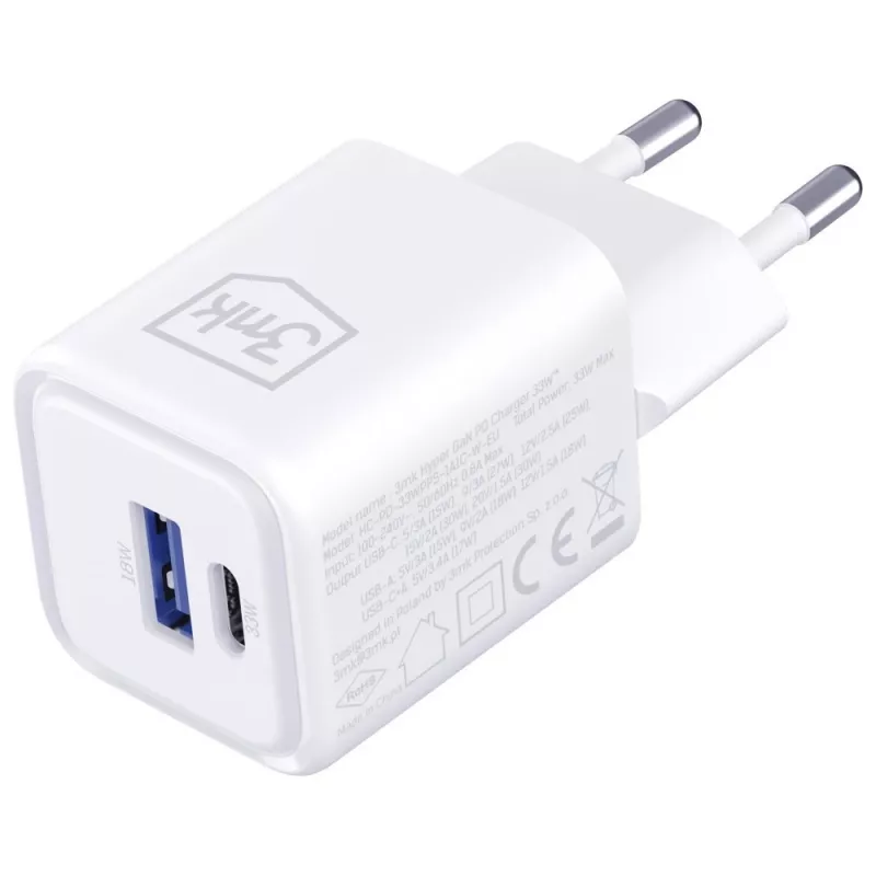Seinalaadija 3MK Hyper Charger PD 33W GaN QC4+ valge — USB‑C PD 33W, GaN, Quick Charge 4+