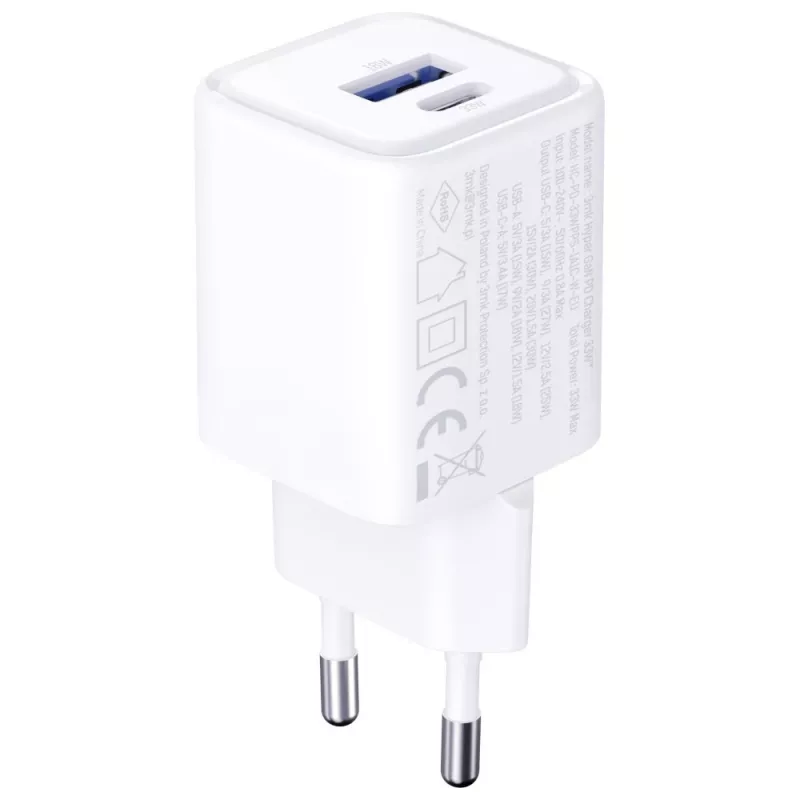 Seinalaadija 3MK Hyper Charger PD 33W GaN QC4+ valge — USB‑C PD 33W, GaN, Quick Charge 4+