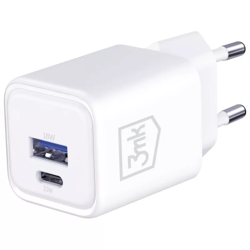 Seinalaadija 3MK Hyper Charger PD 33W GaN QC4+ valge — USB‑C PD 33W, GaN, Quick Charge 4+