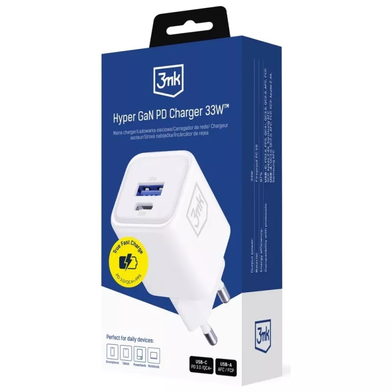 Seinalaadija 3MK Hyper Charger PD 33W GaN QC4+ valge — USB‑C PD 33W, GaN, Quick Charge 4+