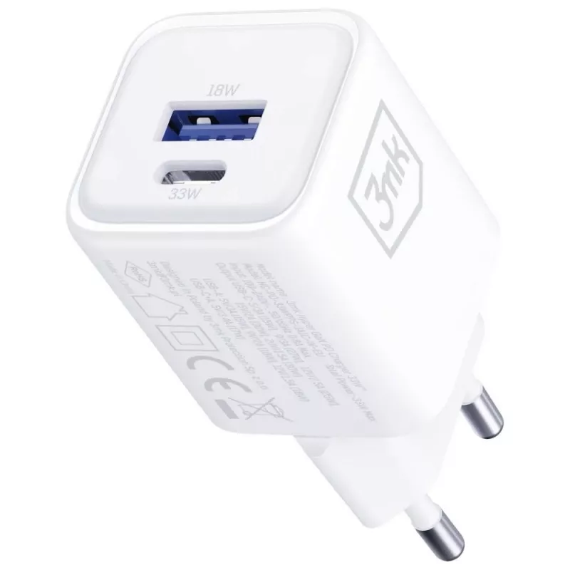 Seinalaadija 3MK Hyper Charger PD 33W GaN QC4+ valge — USB‑C PD 33W, GaN, Quick Charge 4+