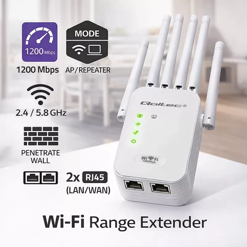 Wi‑Fi signaalivõimendi QOLTEC AC1200 – QOLTEC AC1200 kaheribaline signaalivõimendi