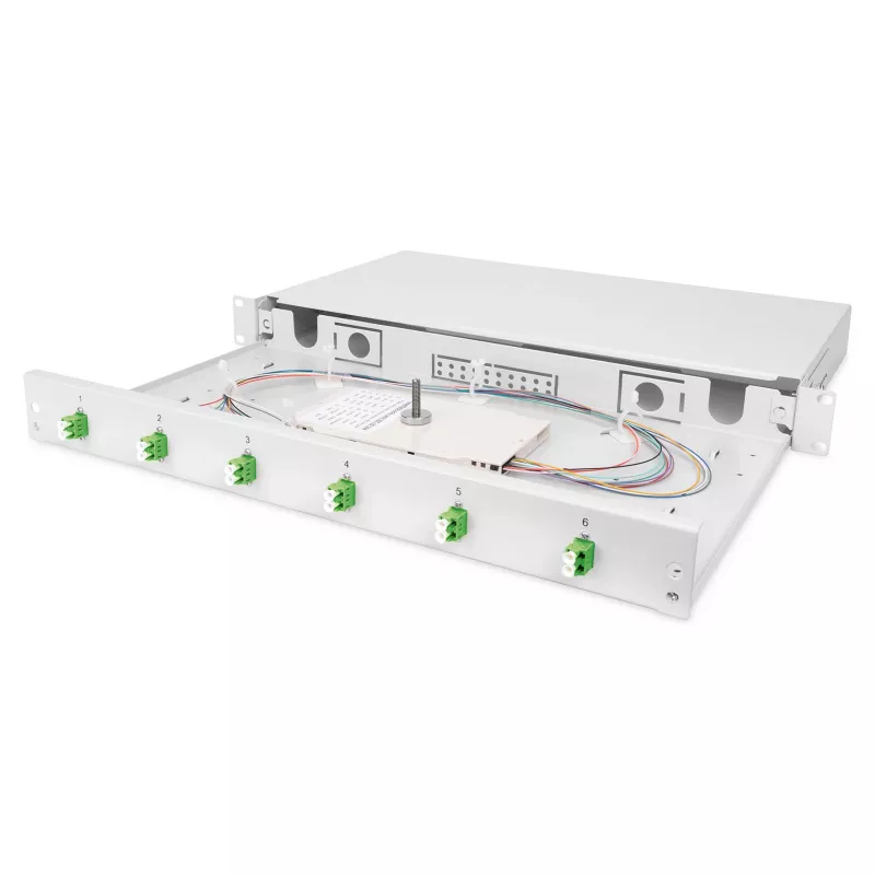 Fiiberoptiline splaisskarp DIGITUS DN-96330/9APC 1U, varustatud 6x LC-APC DX, OS2, polümeer/teras, helehall