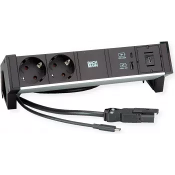 Toitemoodul Bachmann DESK2 ALU Must — lauaarvuti pistikupesa plokk 2x CEE7/3 pistikupesaga, 1,0 m kaabel, 1x USB-laadija 22W