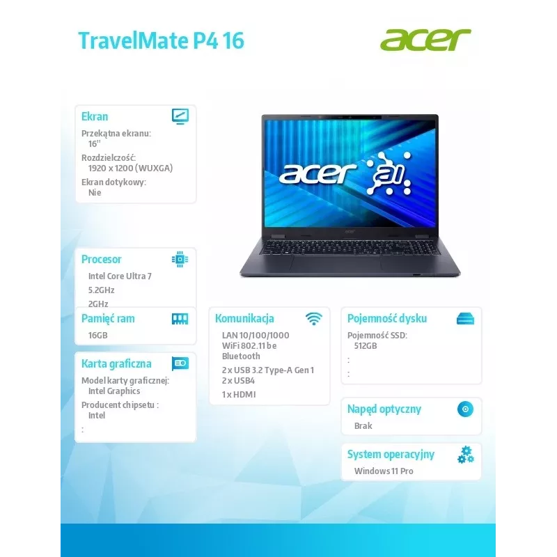 Acer TravelMate P4 TMP416-54-TCO sülearvuti, Intel Ultra 7 255U, 16 GB muutmälu, 512 GB SSD, Windows 11 Pro