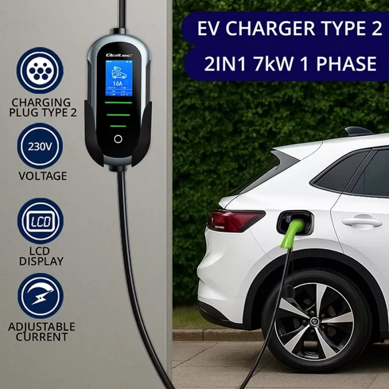 Seinale paigaldatav elektriauto laadija QOLTEC 7 kW 230V CEE 32A Wi‑Fi ja LCD-ga (mudel 52721)