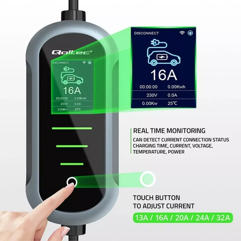 Seinale paigaldatav elektriauto laadija QOLTEC 7 kW 230V CEE 32A Wi‑Fi ja LCD-ga (mudel 52721)
