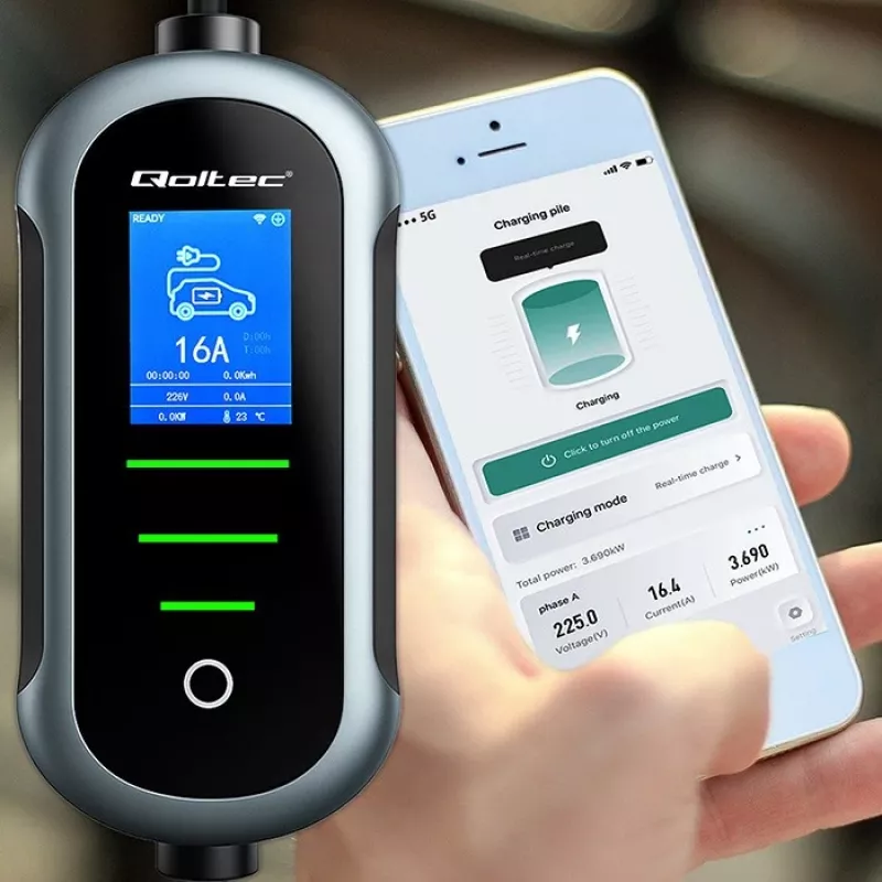 Seinale paigaldatav elektriauto laadija QOLTEC 7 kW 230V CEE 32A Wi‑Fi ja LCD-ga (mudel 52721)