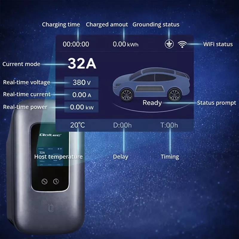 EV laadimisjaam QOLTEC 3-faasiline 22 kW 32 A WiFi-ga (mudel 52723)