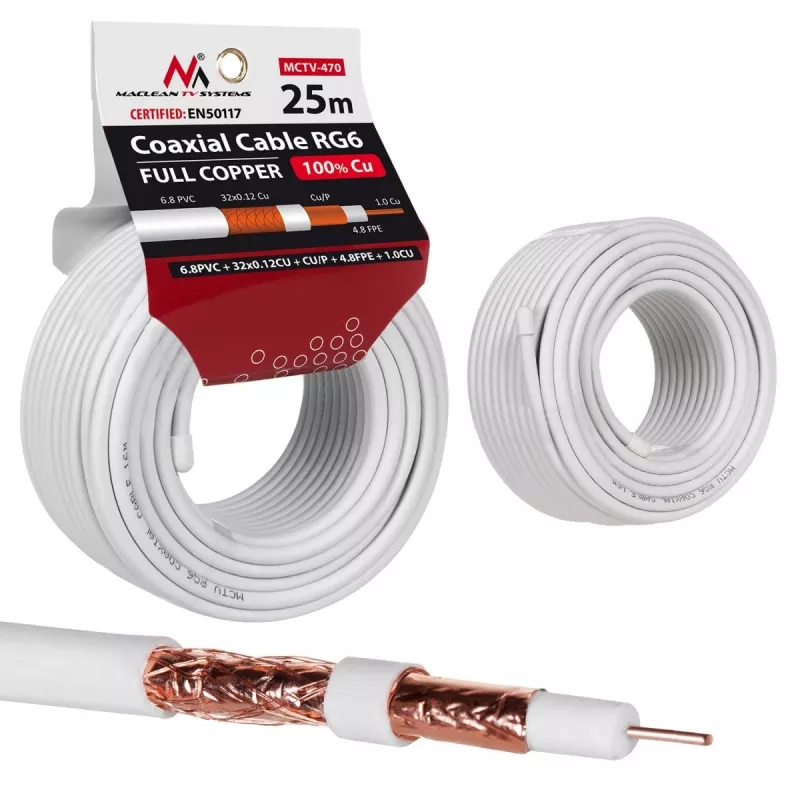 Koaksiaalkaabel MACLEAN MCTV-470 RG-6/U 25 m, valge