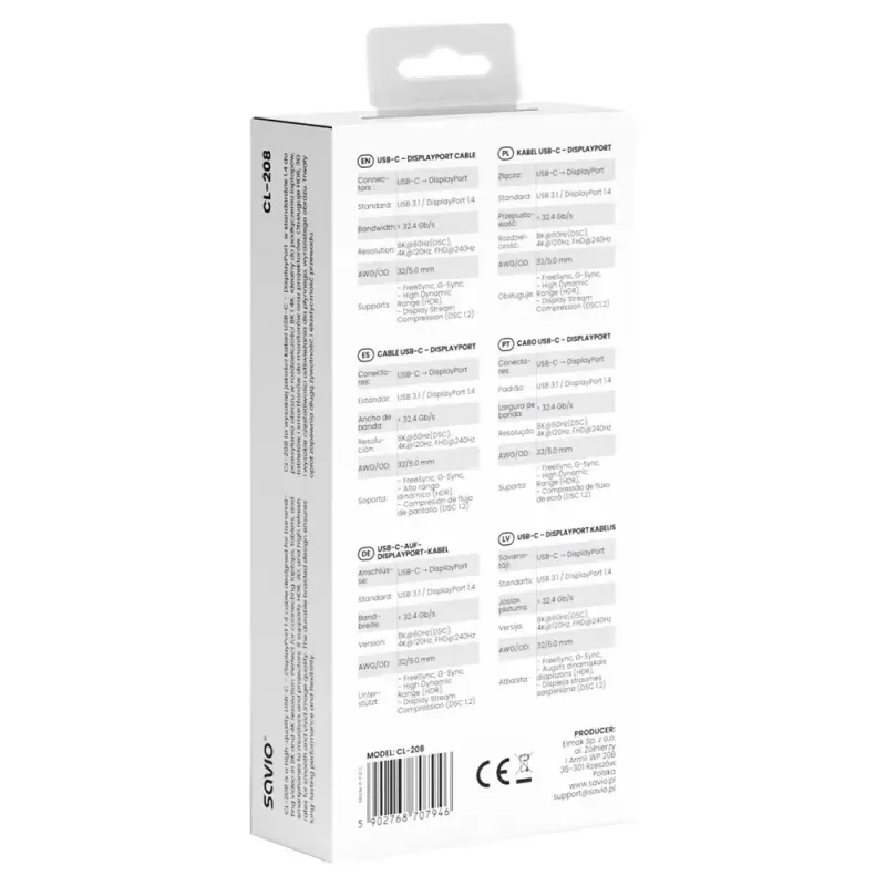 USB-C–DisplayPorti kaabel SAVIO CL-208 (DisplayPort 1.2, 2 m)