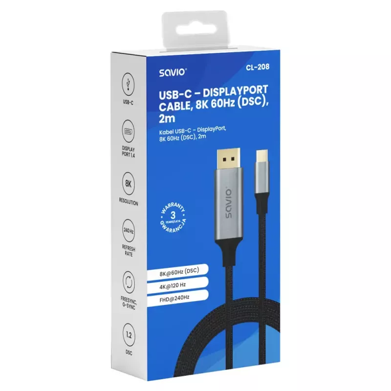 USB-C–DisplayPorti kaabel SAVIO CL-208 (DisplayPort 1.2, 2 m)