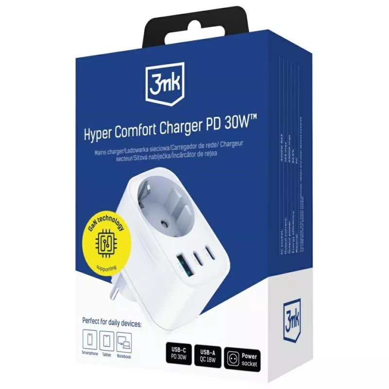 3MK Charger Comfort Charger GaN 30W Valge – USB toiteadapter, 30W GaN väljund