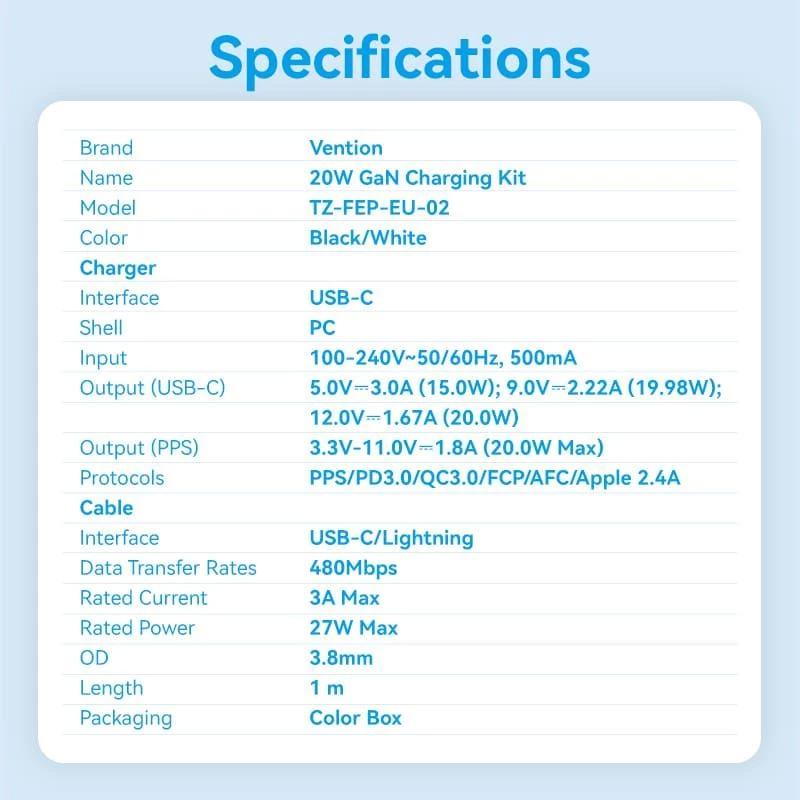 Seinale kinnitatav USB-C/20W mobiililaadija TZ-FEPW0-EU-02 Vention
