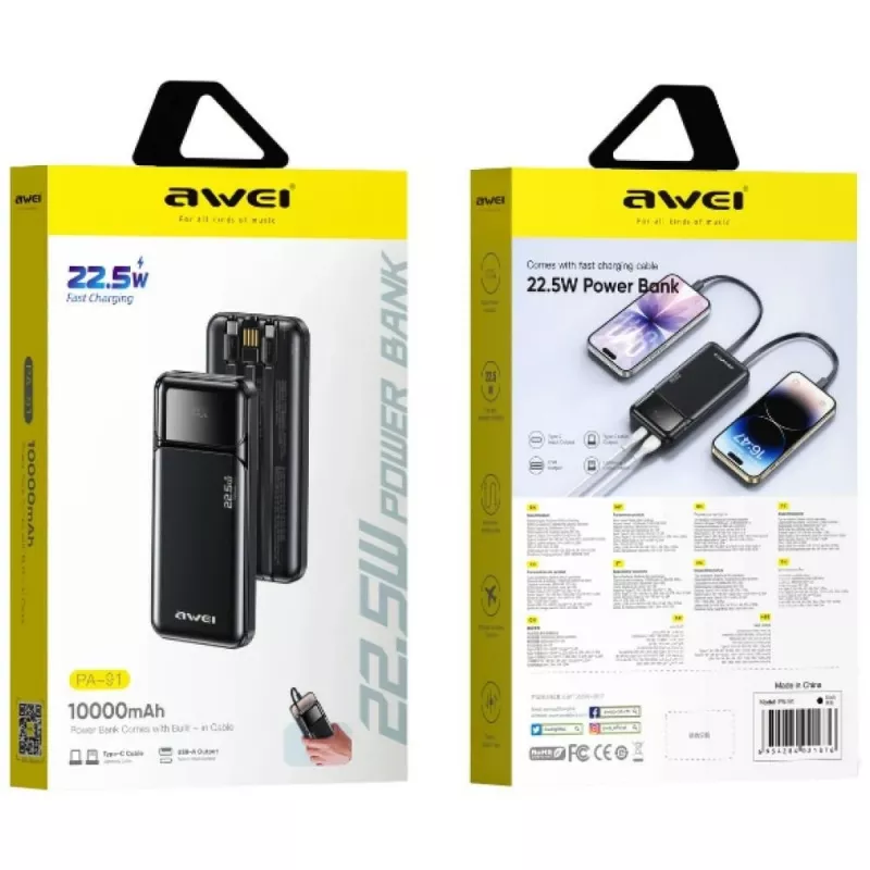 Powerbank Awei PA-91 10000mAh 22,5W PD 2xUSB-C + kaabel must