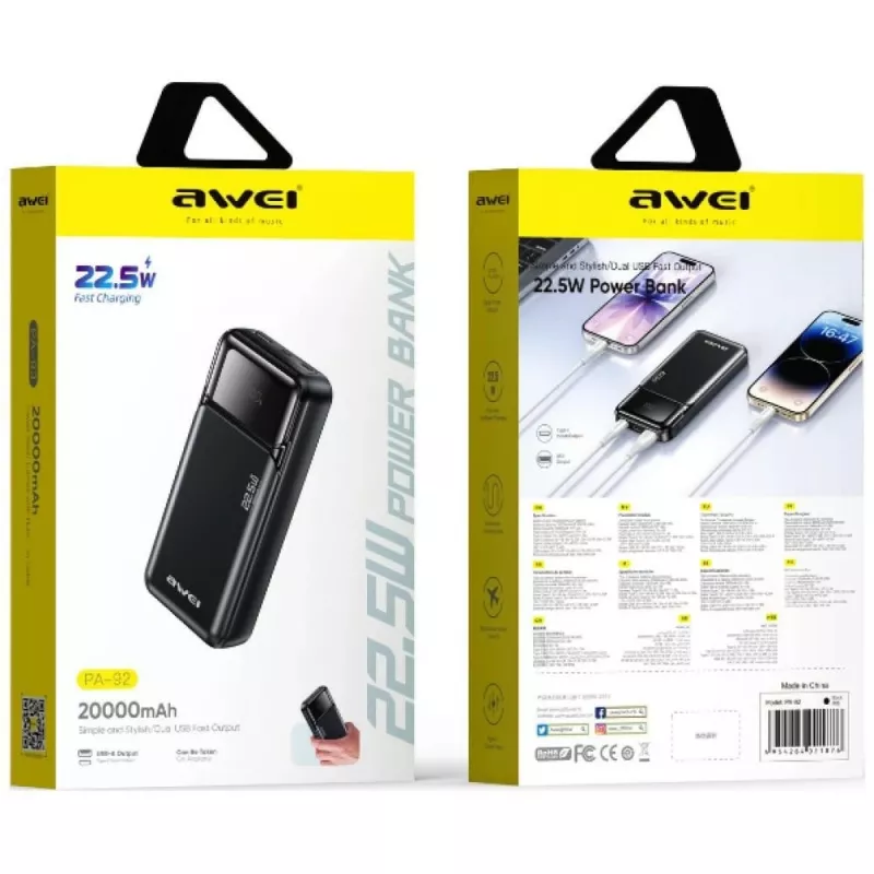 Akupank Awei PA-92 20000mAh 22,5W PD kahe USB-C pordiga