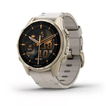 Nutikell GARMIN Fenix 8 43 mm, 1,3-tolline AMOLED 416×416, puuteekraan, Wi‑Fi, GPS, 32 GB, kuldne korpus, hall nahkrihm