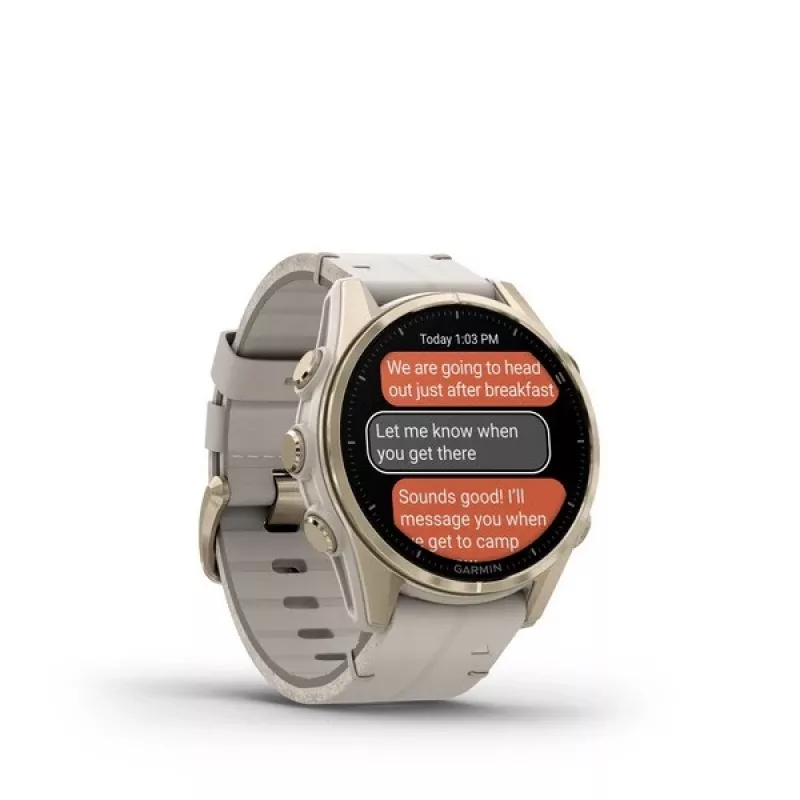 Nutikell GARMIN Fenix 8 43 mm, 1,3-tolline AMOLED 416×416, puuteekraan, Wi‑Fi, GPS, 32 GB, kuldne korpus, hall nahkrihm