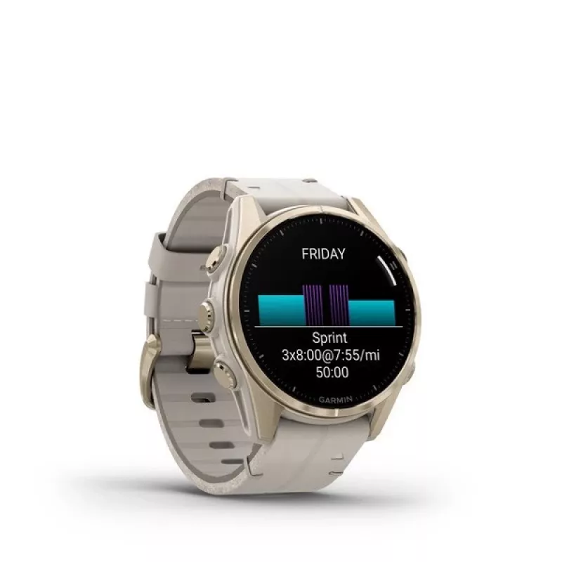 Nutikell GARMIN Fenix 8 43 mm, 1,3-tolline AMOLED 416×416, puuteekraan, Wi‑Fi, GPS, 32 GB, kuldne korpus, hall nahkrihm