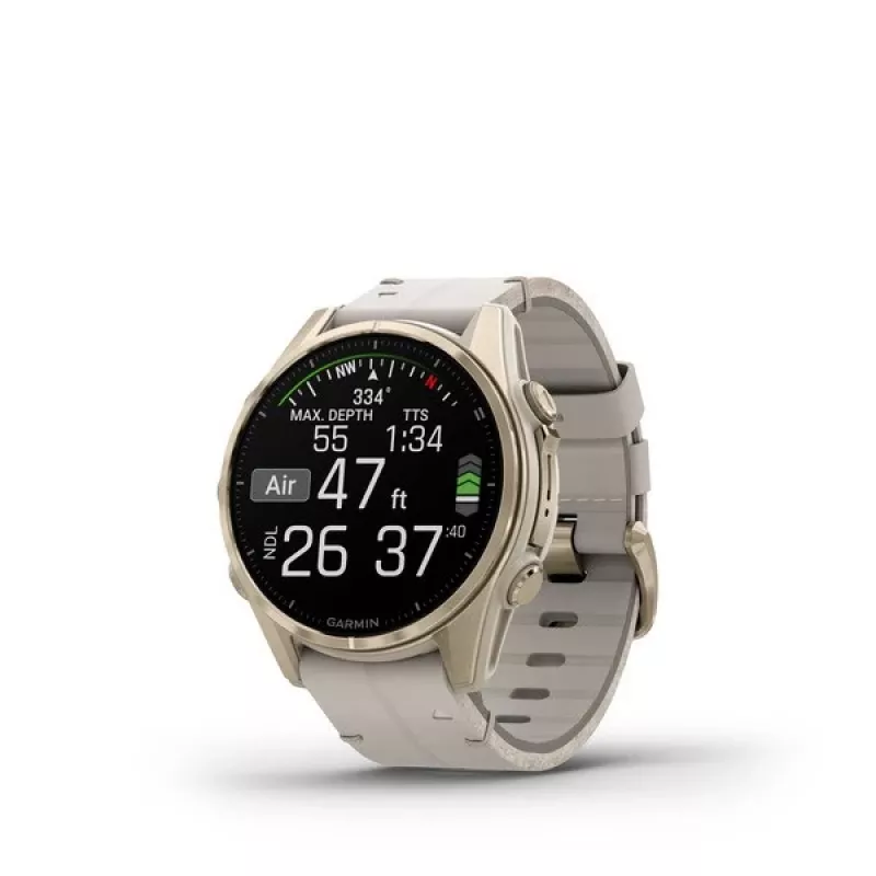 Nutikell GARMIN Fenix 8 43 mm, 1,3-tolline AMOLED 416×416, puuteekraan, Wi‑Fi, GPS, 32 GB, kuldne korpus, hall nahkrihm