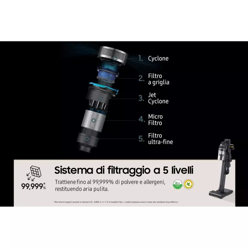 Püsttolmuimeja Samsung VS20C9554TK — aku, liitiumioon, 580 W, tolmukotita 0,8 L, tsüklon, must