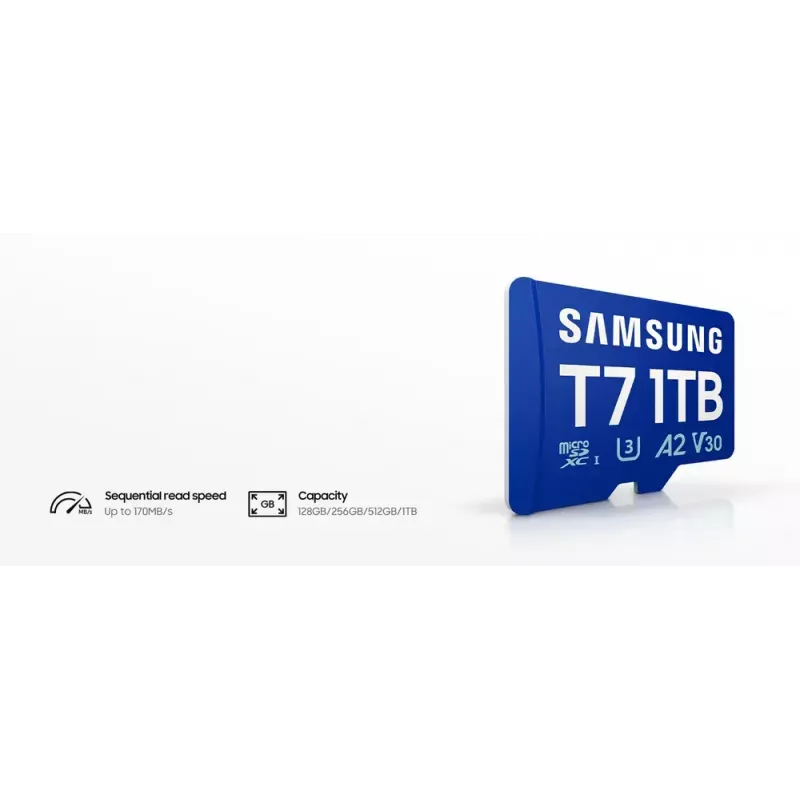 MicroSDXC mälukaart Samsung T7 256 GB UHS-I U3 V30 lugemine 170 MB/s Sinine