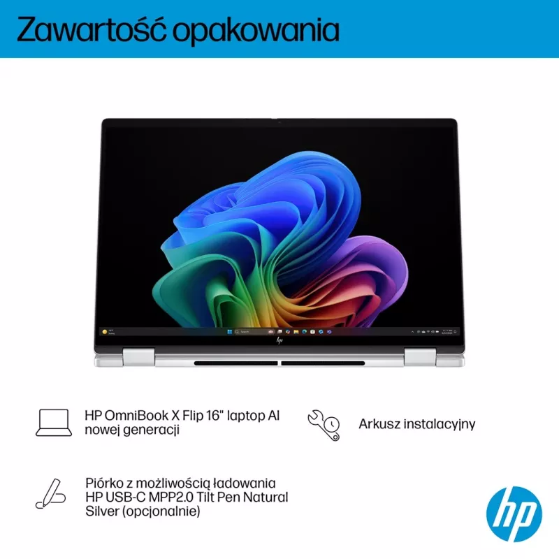 2-in-1 HP OmniBook X Flip NG AI 16-as0003nw sülearvuti, 16-tolline 3K OLED-puuteekraan, 32 GB muutmälu, 1 TB SSD, Windows 11 Home, Ultra 7 258V, Glacier Silver