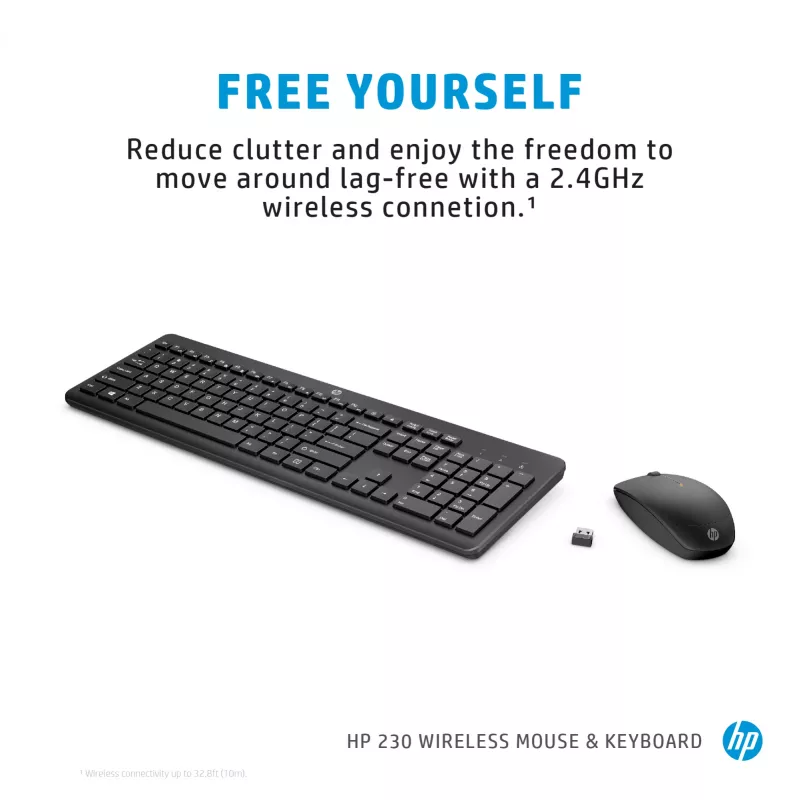 HP 230 juhtmevaba hiire ja klaviatuuri komplekt, täissuuruses, juhtmevaba, RF-juhtmevaba, membraan, must, hiir kaasas