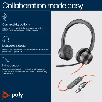 HP Poly Mustwire 8225 USB-C peakomplekt, juhtmega, kontor/kõnekeskus, 185 g, peakomplekt, must