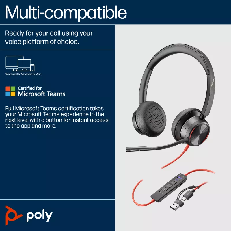HP Poly Mustwire 8225 USB-C peakomplekt, juhtmega, kontor/kõnekeskus, 185 g, peakomplekt, must
