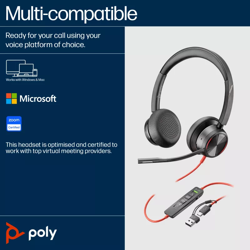 HP Poly Mustwire 8225 USB-C peakomplekt, juhtmega, kontor/kõnekeskus, 185 g, peakomplekt, must