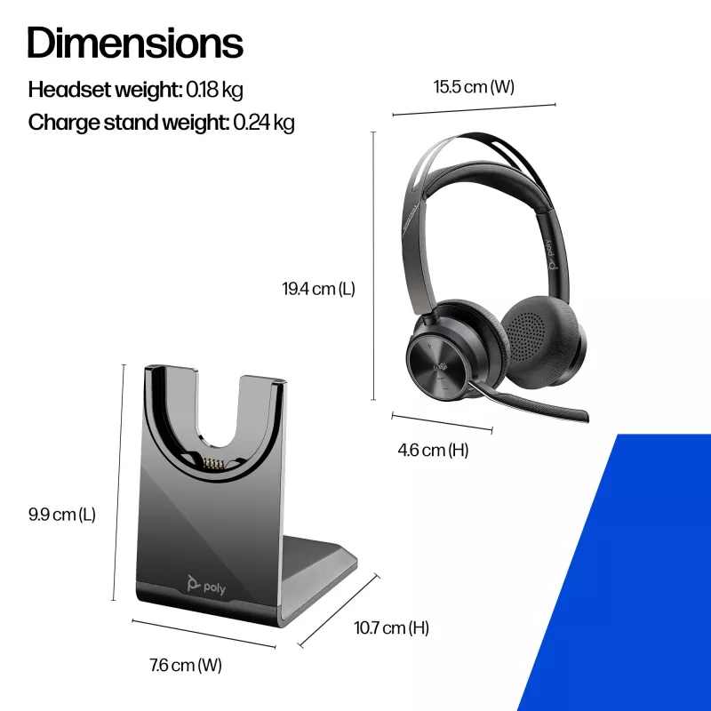 HP Poly Voyager Focus 2-M USB-C-C Peakomplekt USB-C/A Adapter Laadimisalus Poly+ 3aastat