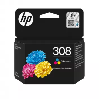 HP 308 kolmevärviline originaal tindikassett, standardmahutavus, tsüaan, magenta, kollane, värvipõhine tint, 1 tk, 500 lehekülge, komplektpakend