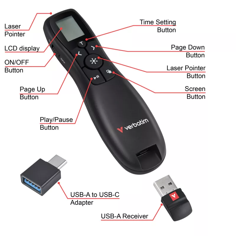 Verbatim Keynote juhtmevaba esitluspult LCD-ekraaniga, RF, USB, 30 m, must