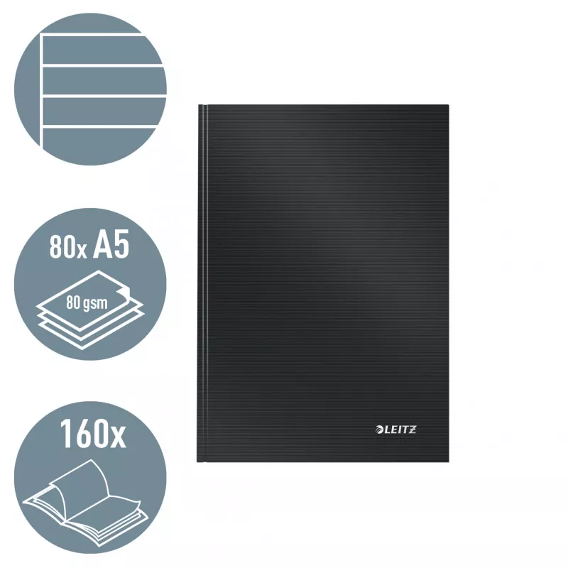 Leitz Notesülearvuti Solid kõva kaas A5 joonitud 90 grammi 80 lehte, ühevärviline, must, A5, 80 lehte, läikiv, 80 g/m²