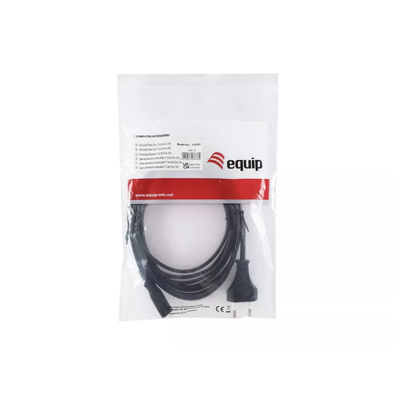 Equip kvaliteetne toitejuhe, C7 kuni 2-kontaktiline Euro, 3,0 m, 3 m, 2-kontaktiline, C7 pistikupesa, H03VVH2-F, 250 V, 2,5 A