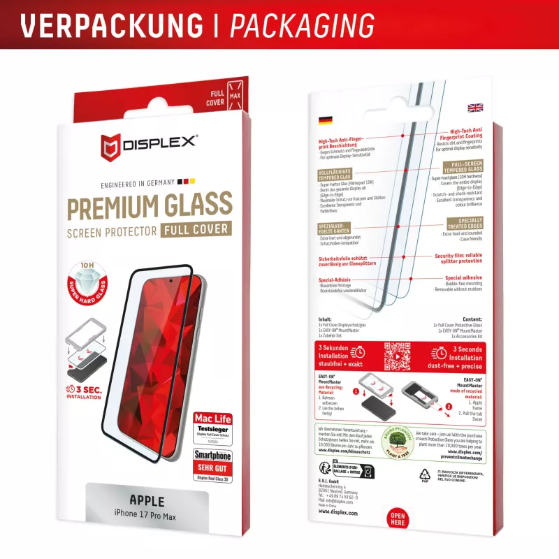 Ekraanikaitse e.v.i. Displex Premium iPhone 17 Pro Max jaoks koos Mount Masteriga (kriimustus- ja mustusekindel, läbipaistev/must)