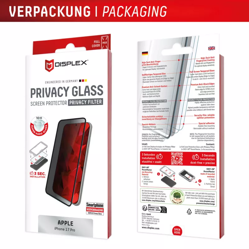 Displex privaatsusekraanikaitse (10H) Apple iPhone 17 Pro jaoks, privaatsusfilter