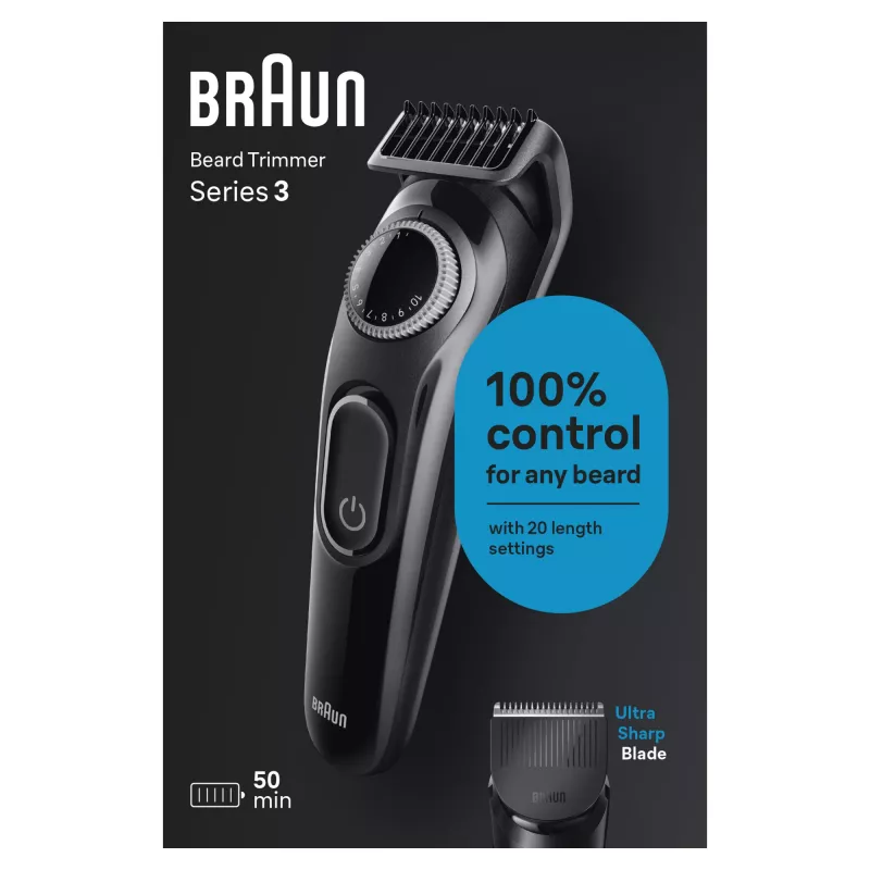 Braun BeardTrimmer 3 Beard Trm 3 BT3400, pestav, aku, must