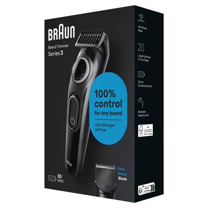 Braun BeardTrimmer 3 Beard Trm 3 BT3400, pestav, aku, must